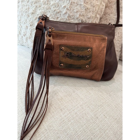 B Makowski Metallic Bronze Brown Pebbled Leather Tassel Crossbody Purse - Picture 11 of 13